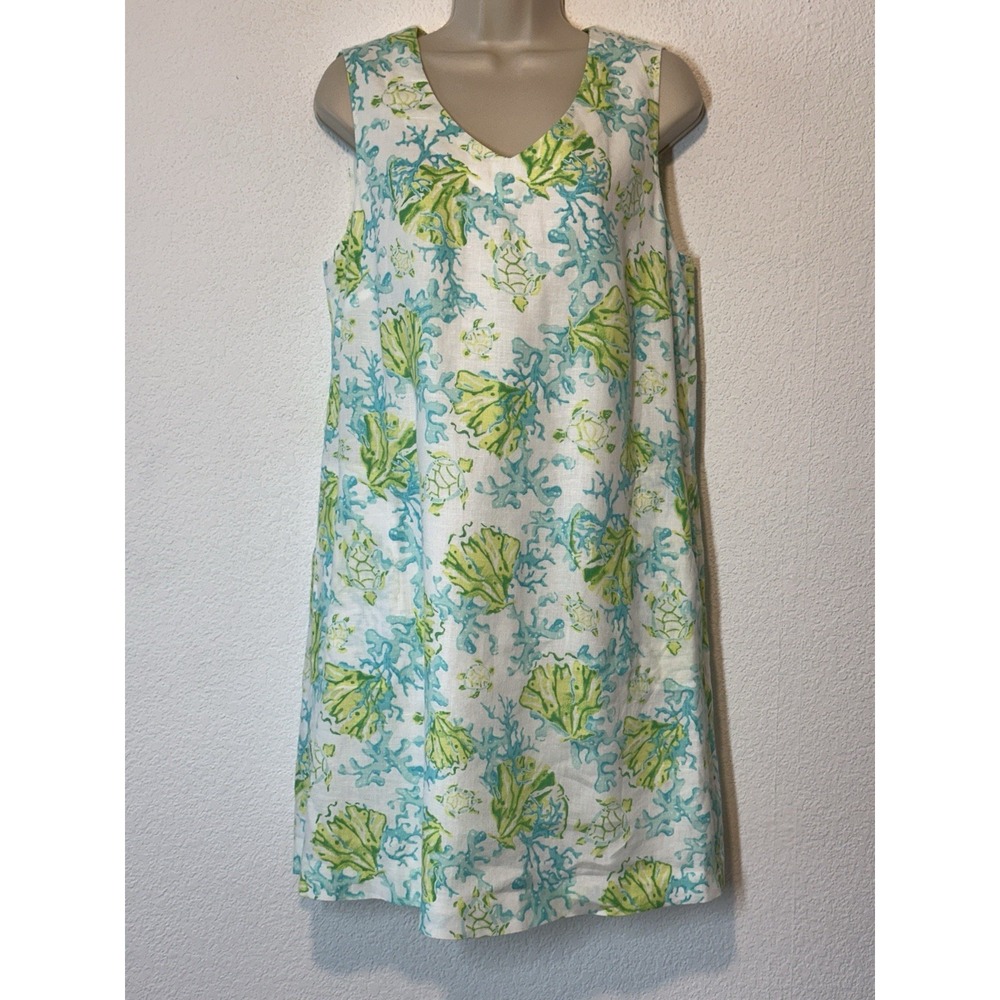J Jill Love Petite M Linen Aqua Green‎ Shift V Neck Dress Sea Turtle Print